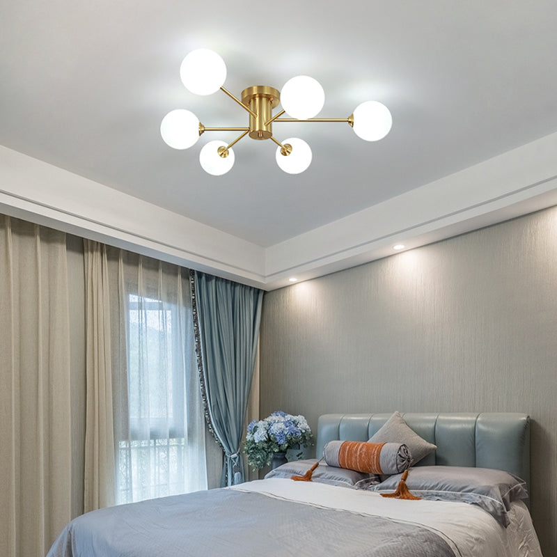 Modern Artistic Semi Flush Mount Copper Globe Ceiling Fixture with White Glass Shade