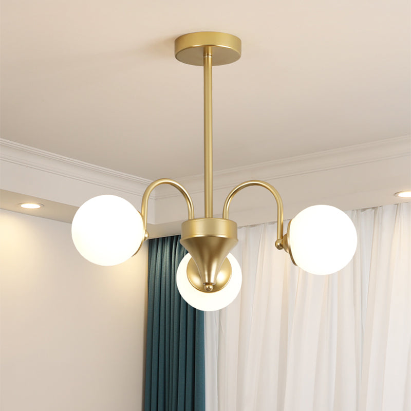 Gold Metal Chandelier Light Fixtures Modern 3-Head Globe Suspension Lamps with White Glass Shade