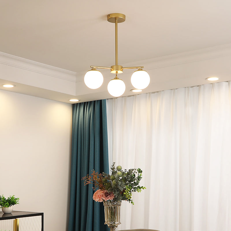 Gold Metal Chandelier Light Fixtures Modern 3-Head Globe Suspension Lamps with White Glass Shade