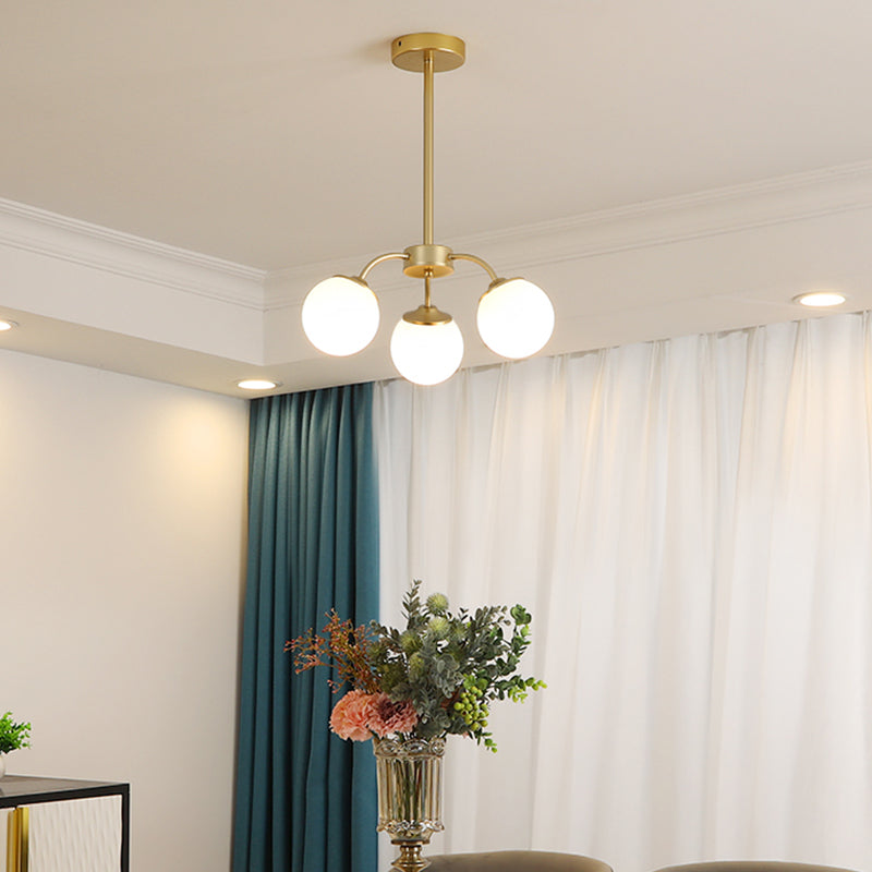 Gold Metal Chandelier Light Fixtures Modern 3-Head Globe Suspension Lamps with White Glass Shade