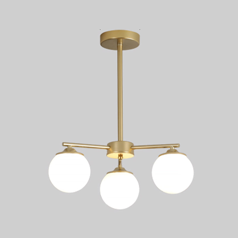 Gold Metal Chandelier Light Fixtures Modern 3-Head Globe Suspension Lamps with White Glass Shade