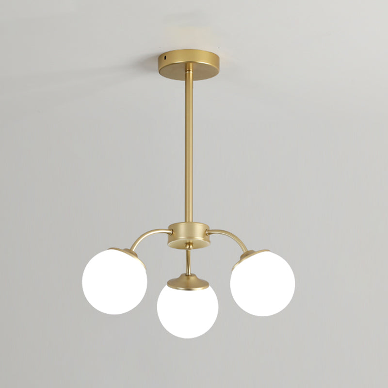 Gold Metal Chandelier Light Fixtures Modern 3-Head Globe Suspension Lamps with White Glass Shade
