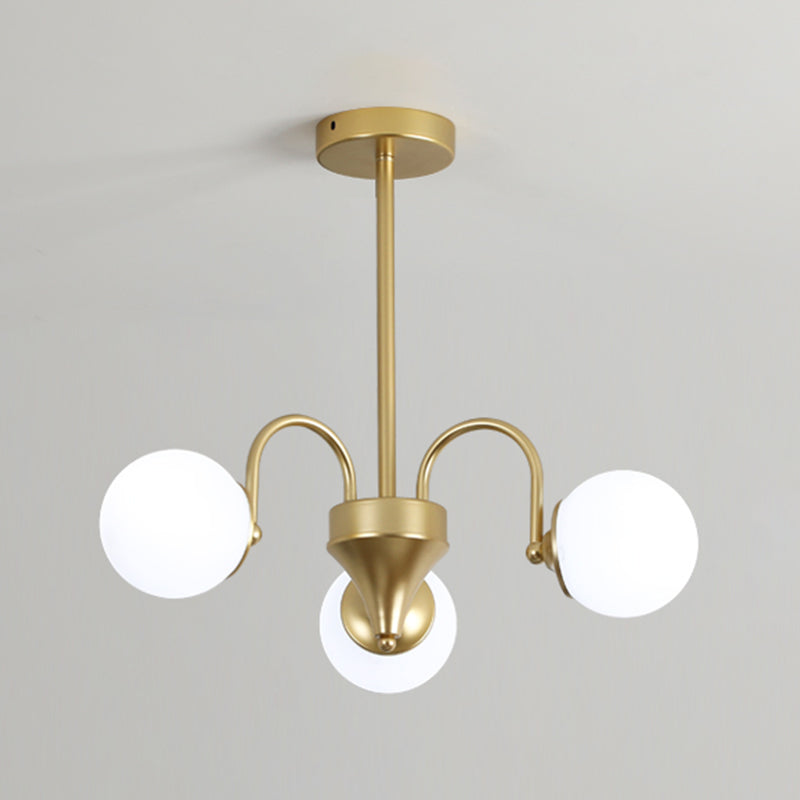Gold Metal Chandelier Light Fixtures Modern 3-Head Globe Suspension Lamps with White Glass Shade