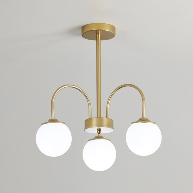 Gold Metal Chandelier Light Fixtures Modern 3-Head Globe Suspension Lamps with White Glass Shade