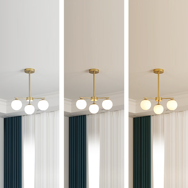 Gold Metal Chandelier Light Fixtures Modern 3-Head Globe Suspension Lamps with White Glass Shade
