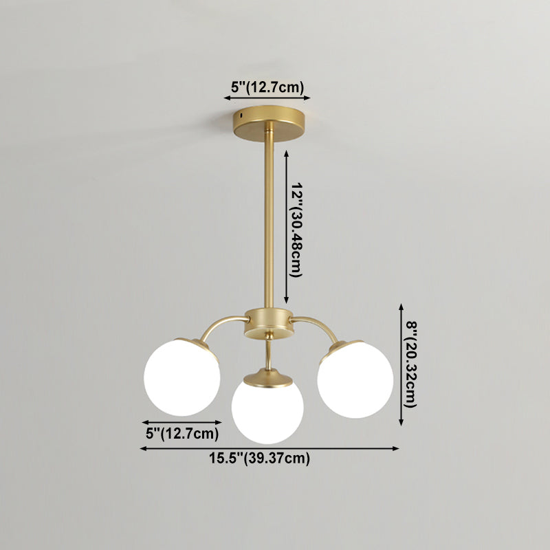 Gold Metal Chandelier Light Fixtures Modern 3-Head Globe Suspension Lamps with White Glass Shade