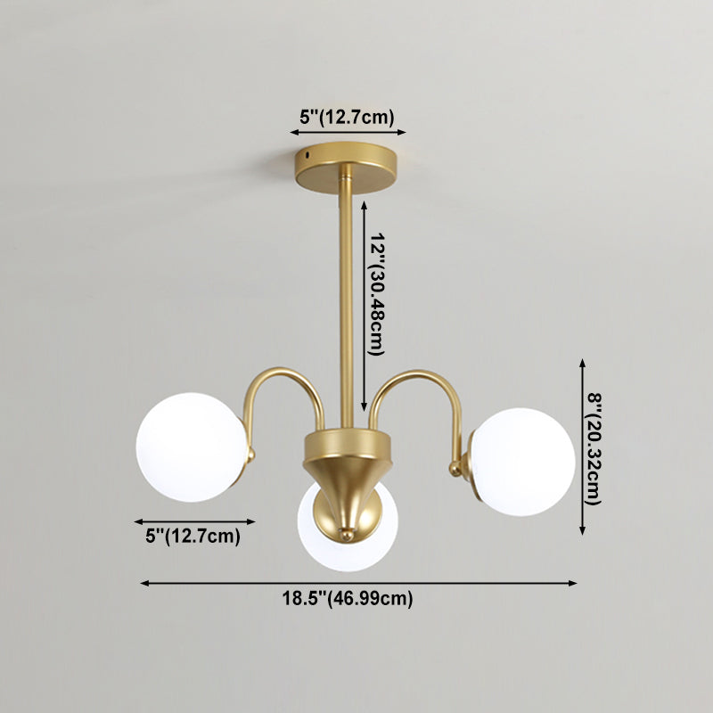 Gold Metal Chandelier Light Fixtures Modern 3-Head Globe Suspension Lamps with White Glass Shade