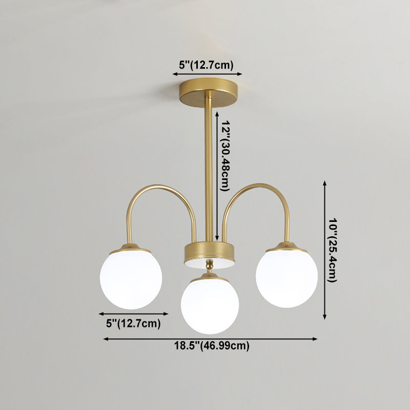 Gold Metal Chandelier Light Fixtures Modern 3-Head Globe Suspension Lamps with White Glass Shade