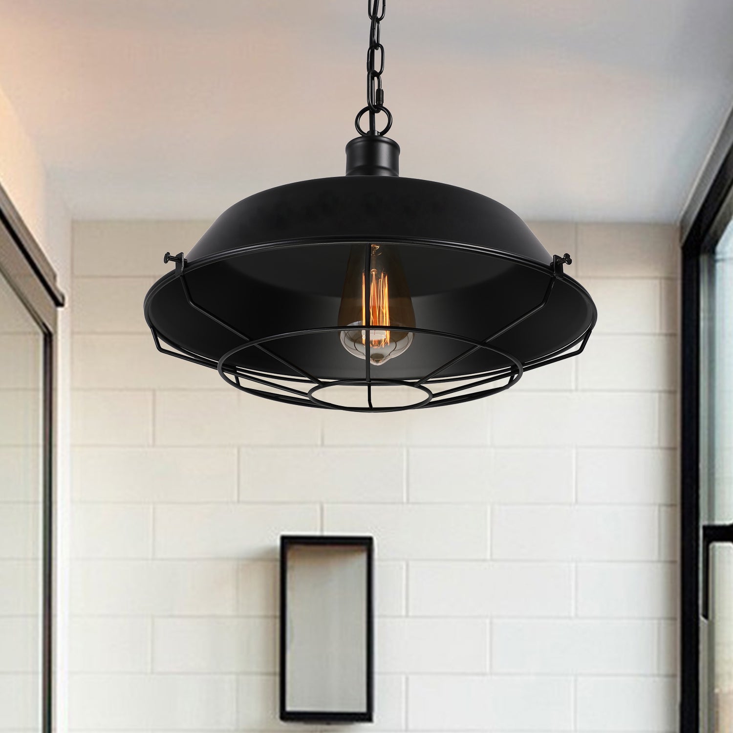 Farmhouse Stylish Barn Ceiling Light Fixture with Cage Shade 1 Bulb Metallic Pendant Lamp in Black, 10"/14"/18" Diameter
