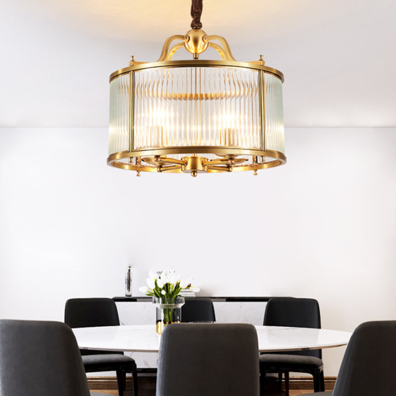 Copper Chandelier Light Fixtures American Style Multi-Head Drum Suspension Lamps with Glass Shade