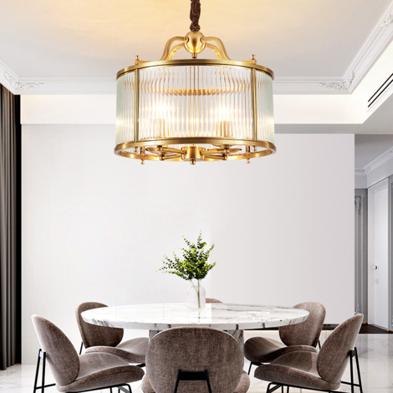 Copper Chandelier Light Fixtures American Style Multi-Head Drum Suspension Lamps with Glass Shade