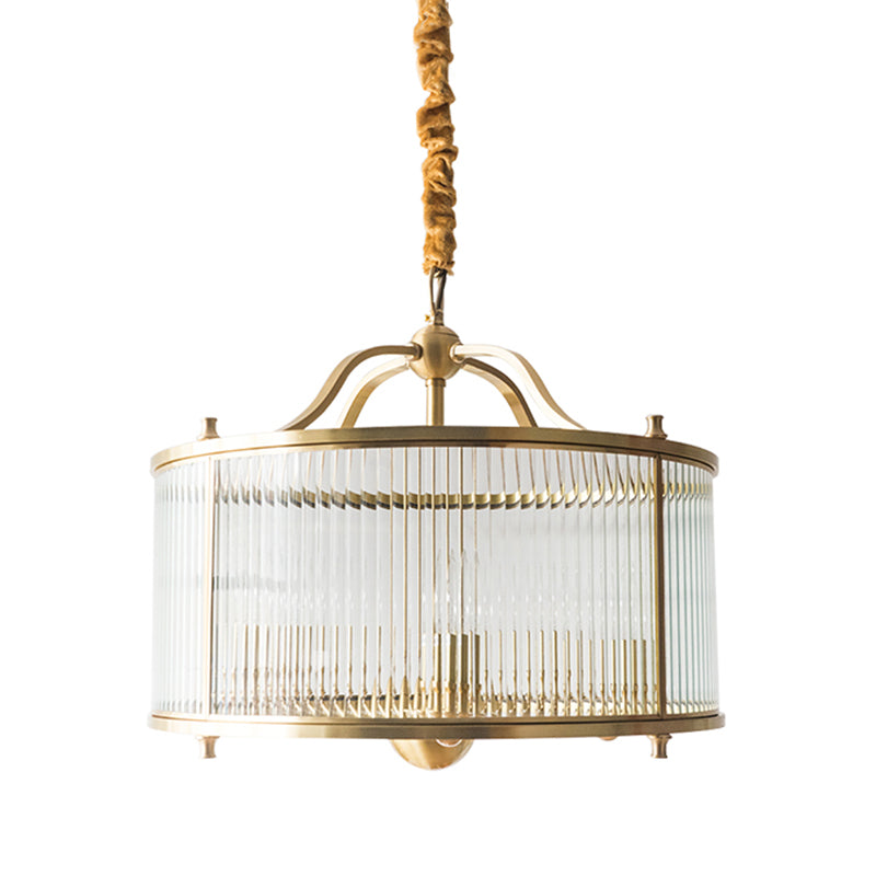 Copper Chandelier Light Fixtures American Style Multi-Head Drum Suspension Lamps with Glass Shade