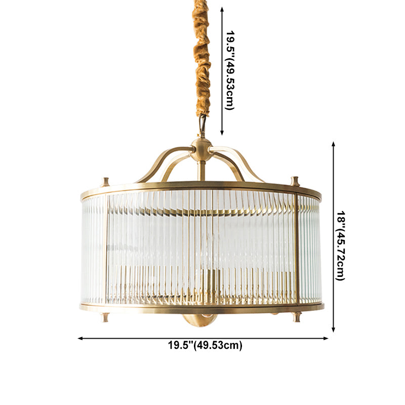 Copper Chandelier Light Fixtures American Style Multi-Head Drum Suspension Lamps with Glass Shade