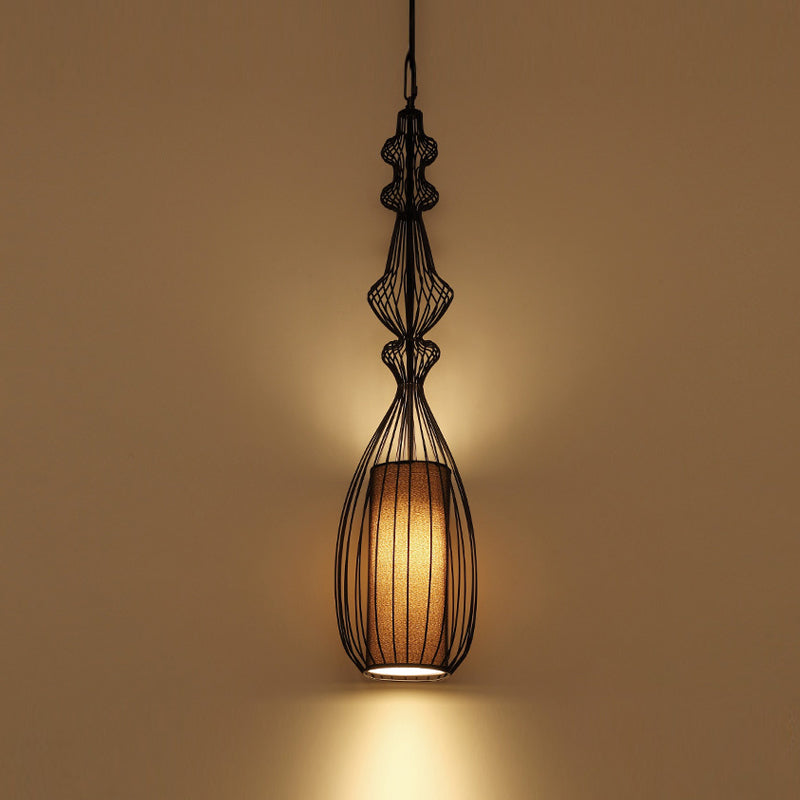 Pendante per lantenna in tessuto in gabbia retrò sala da pranzo a 1 luce appesa alla luce in nero