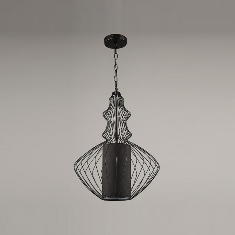 Pendante per lantenna in tessuto in gabbia retrò sala da pranzo a 1 luce appesa alla luce in nero