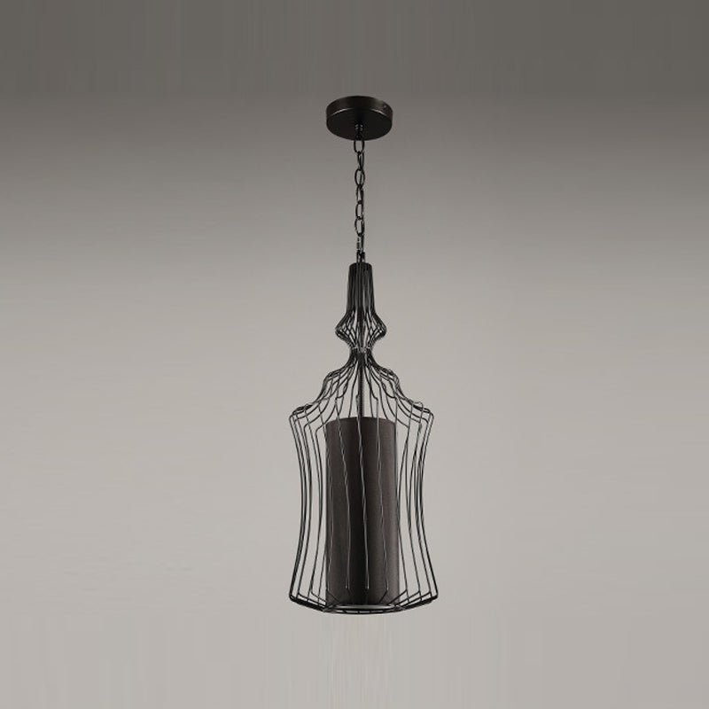 Pendante per lantenna in tessuto in gabbia retrò sala da pranzo a 1 luce appesa alla luce in nero