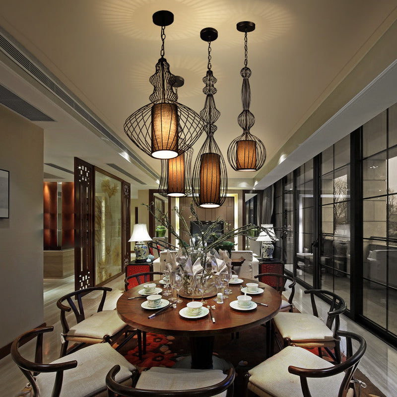 Pendante per lantenna in tessuto in gabbia retrò sala da pranzo a 1 luce appesa alla luce in nero