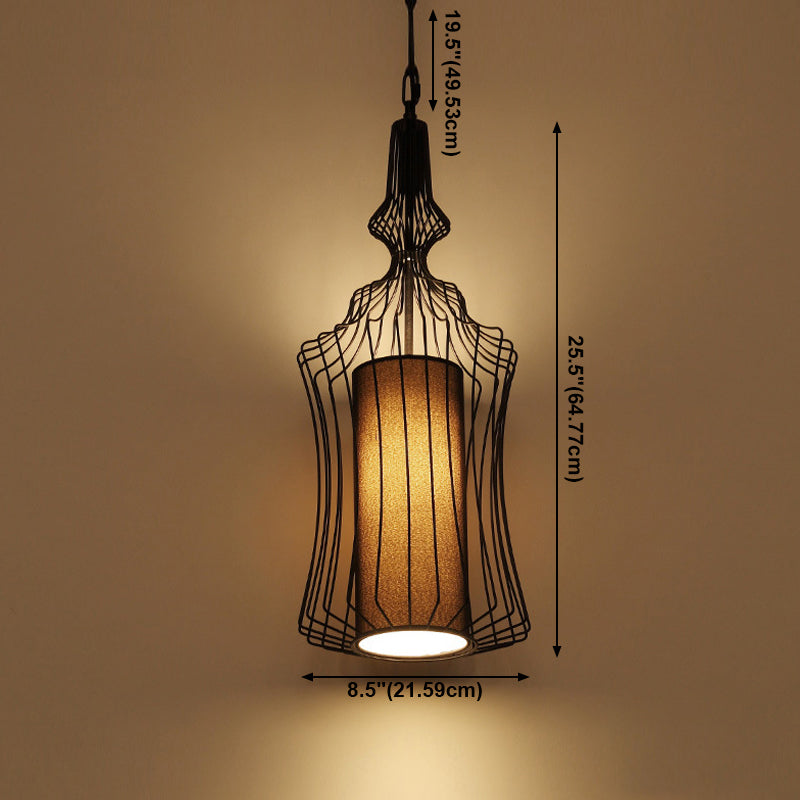 Pendante per lantenna in tessuto in gabbia retrò sala da pranzo a 1 luce appesa alla luce in nero