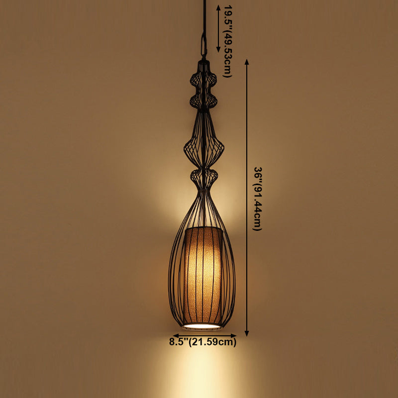 Pendante per lantenna in tessuto in gabbia retrò sala da pranzo a 1 luce appesa alla luce in nero