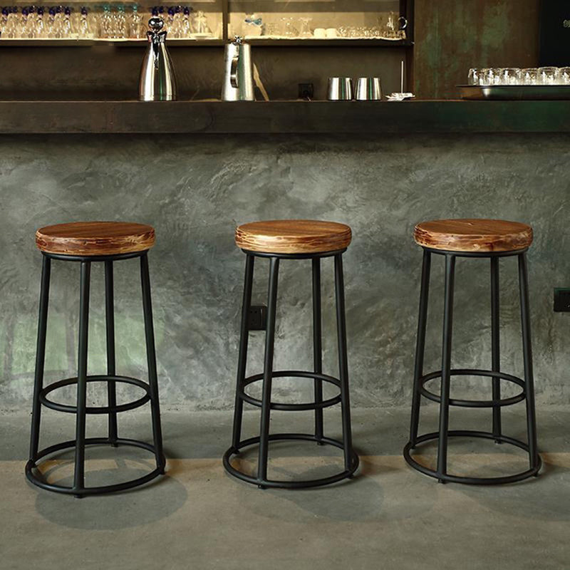 Brown Wood Backless and Armless Stool Industrial Bar and Counter Stool with Iron Legs