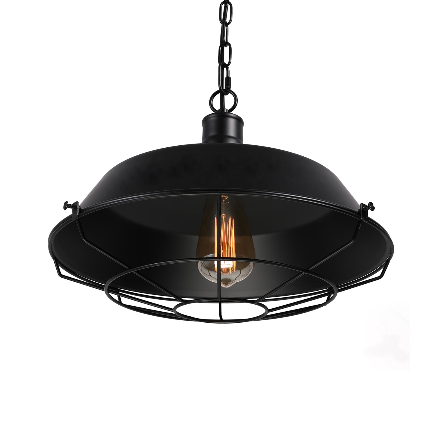 Farmhouse Stylish Barn Ceiling Light Fixture with Cage Shade 1 Bulb Metallic Pendant Lamp in Black, 10"/14"/18" Diameter