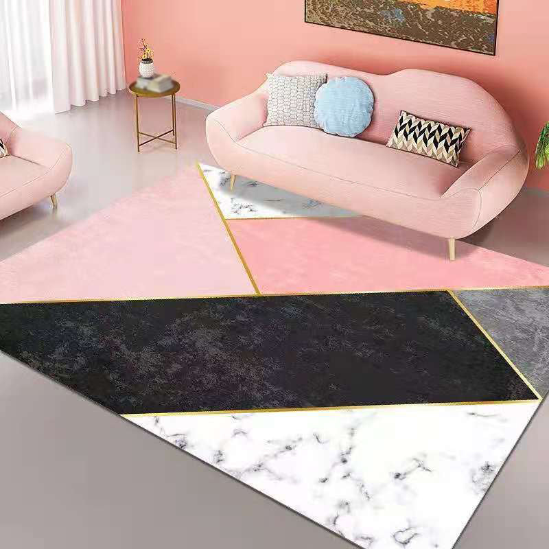 Pink Geometry Pattern Rug Polyester Simple Rug Washable Rug for Living Room