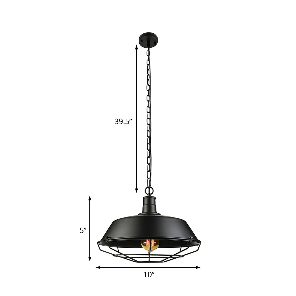 Farmhouse Stylish Barn Ceiling Light Fixture with Cage Shade 1 Bulb Metallic Pendant Lamp in Black, 10"/14"/18" Diameter