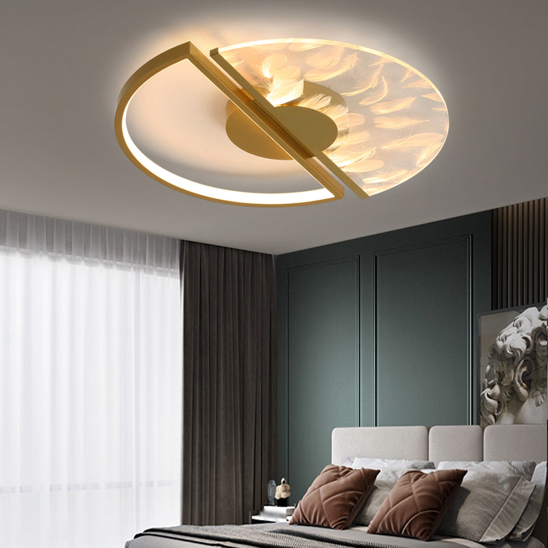 Round Shape Feather Ceiling Lamp Modern Iron 2 Lights Flush Mount for Study Bedroom