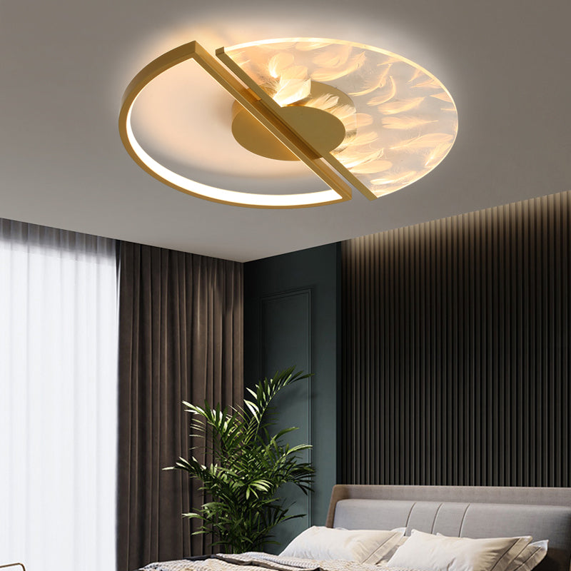 Round Shape Feather Ceiling Lamp Modern Iron 2 Lights Flush Mount for Study Bedroom