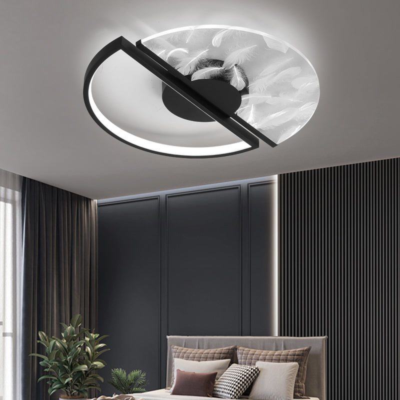 Round Shape Feather Ceiling Lamp Modern Iron 2 Lights Flush Mount for Study Bedroom