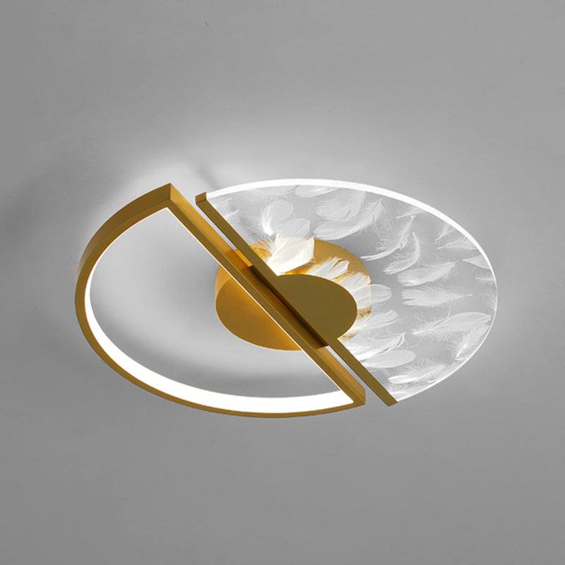 Round Shape Feather Ceiling Lamp Modern Iron 2 Lights Flush Mount for Study Bedroom
