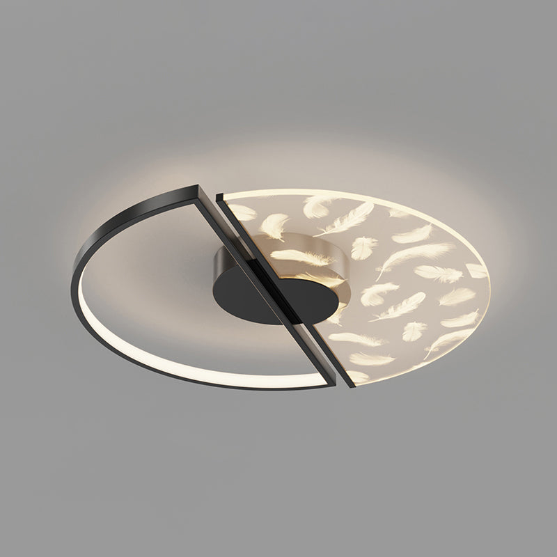 Round Shape Feather Ceiling Lamp Modern Iron 2 Lights Flush Mount for Study Bedroom