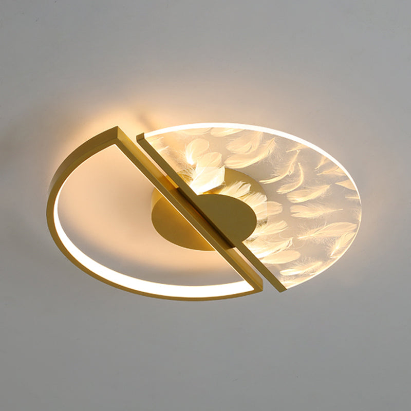 Round Shape Feather Ceiling Lamp Modern Iron 2 Lights Flush Mount for Study Bedroom
