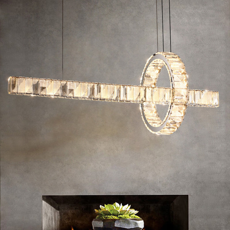 2 Light Linear Island Lights Modernism Crystal Island Light Fixtures in Silver Finish