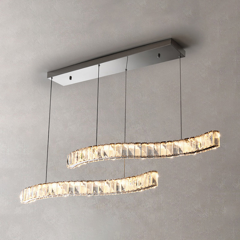 2 Light Linear Island Lights Modernism Crystal Island Light Fixtures in Silver Finish