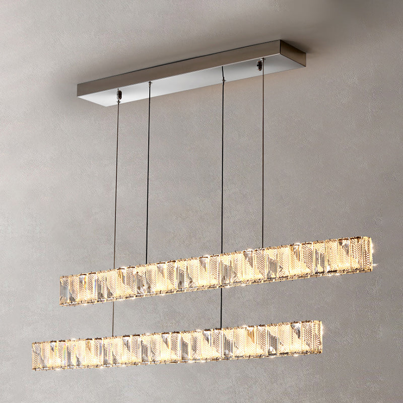 2 Light Linear Island Lights Modernism Crystal Island Light Fixtures in Silver Finish