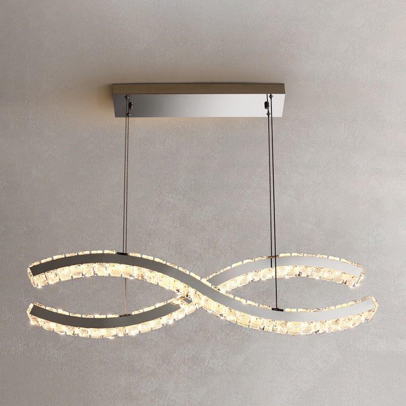 2 Light Linear Island Lights Modernism Crystal Island Light Fixtures in Silver Finish