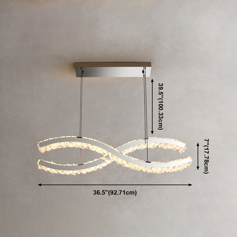 2 Light Linear Island Lights Modernism Crystal Island Light Fixtures in Silver Finish