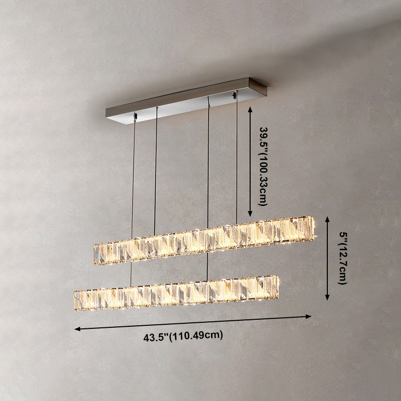 2 Light Linear Island Lights Modernism Crystal Island Light Fixtures in Silver Finish