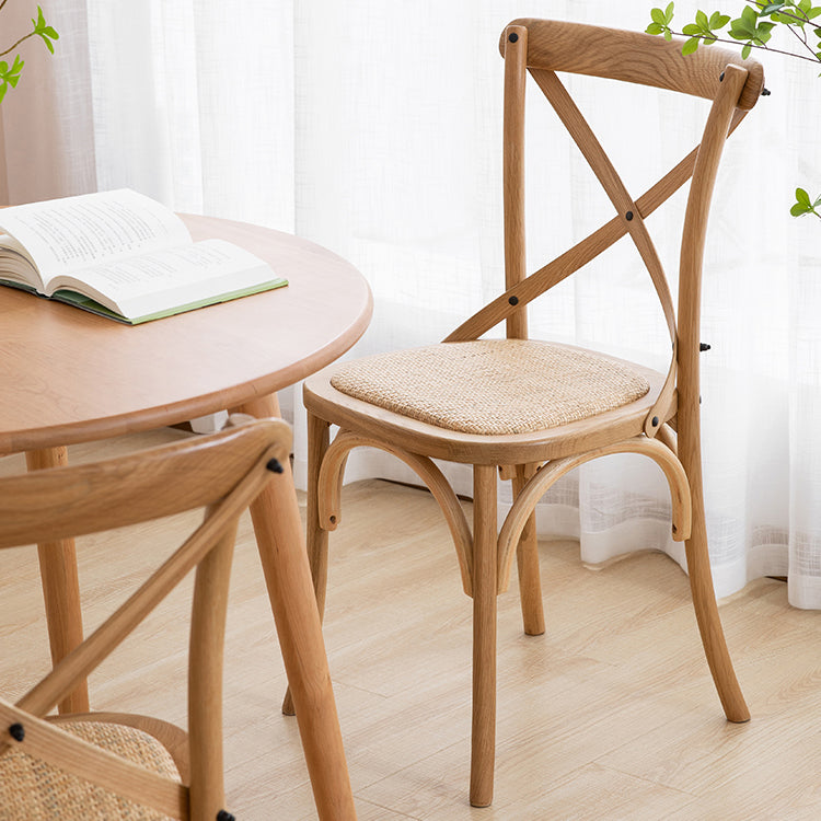 Silla de comedor tradicional de mimbre de madera, silla con respaldo cruzado sin brazos para comedor