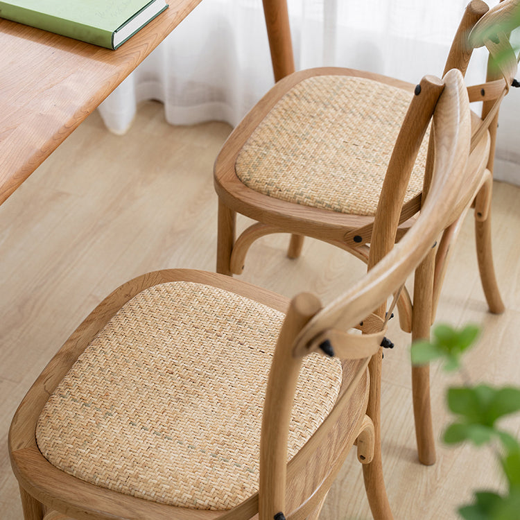 Silla de comedor tradicional de mimbre de madera, silla con respaldo cruzado sin brazos para comedor