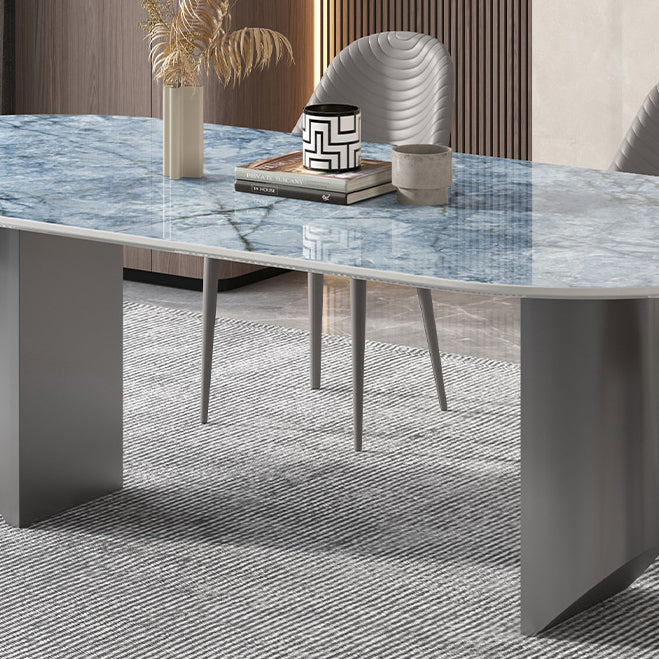 Metal Oval Traditional Luxury Dining Table Sintered Stone Table with Double Pedestal