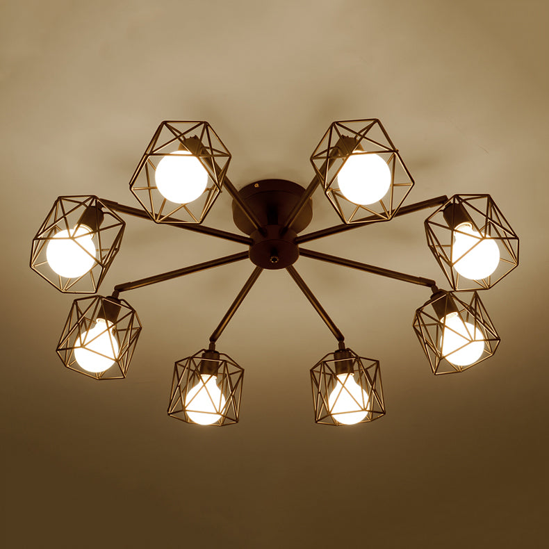 Black Caged Semi Flush Ceiling Light Industrial Metal Living Room Ceiling Mount Lighting