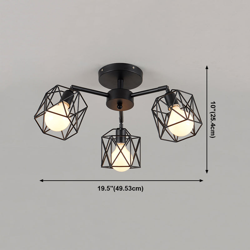 Black Caged Semi Flush Ceiling Light Industrial Metal Living Room Ceiling Mount Lighting