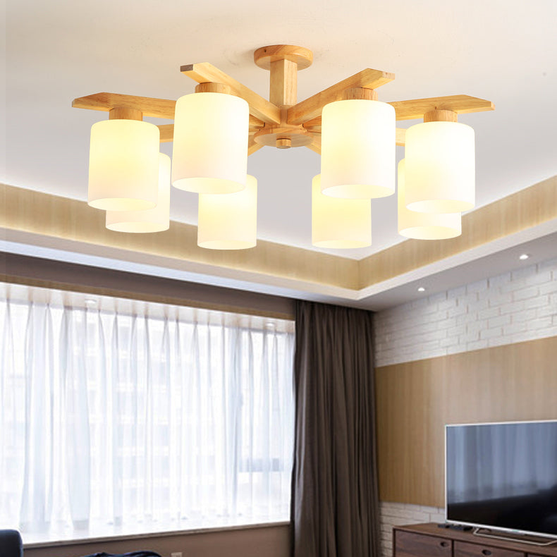 Cylindrical Semi Flush Ceiling Light Simple Style Living Room Wood Ceiling Lamp in Beige