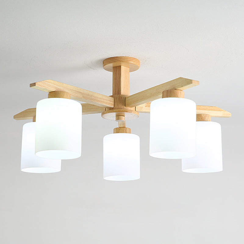 Cylindrical Semi Flush Ceiling Light Simple Style Living Room Wood Ceiling Lamp in Beige