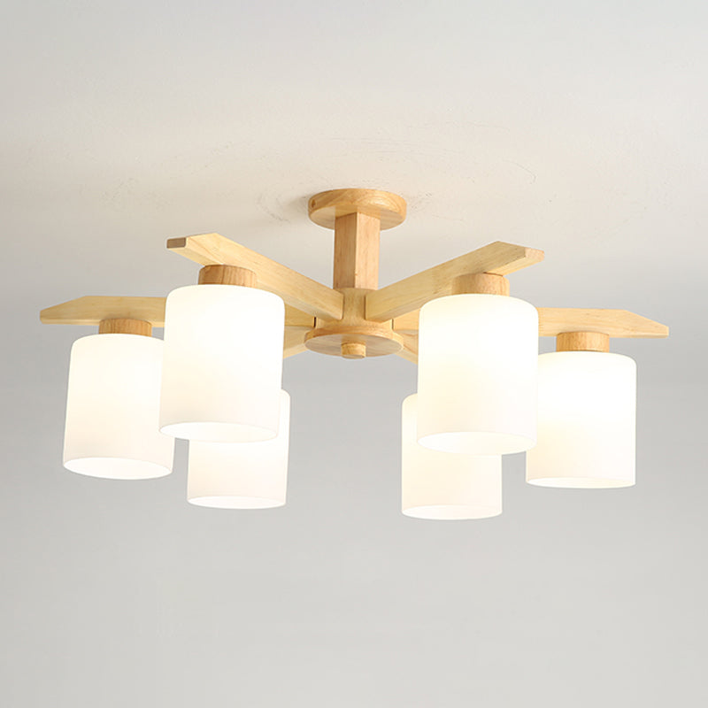 Cylindrical Semi Flush Ceiling Light Simple Style Living Room Wood Ceiling Lamp in Beige