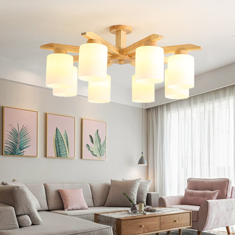 Cylindrical Semi Flush Ceiling Light Simple Style Living Room Wood Ceiling Lamp in Beige