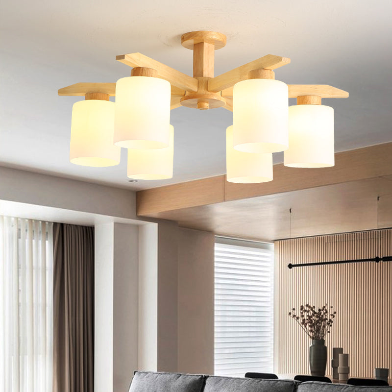 Cylindrical Semi Flush Ceiling Light Simple Style Living Room Wood Ceiling Lamp in Beige