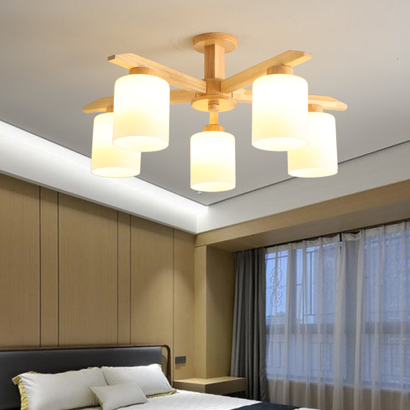 Cylindrical Semi Flush Ceiling Light Simple Style Living Room Wood Ceiling Lamp in Beige